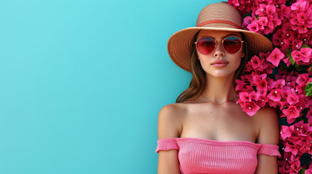 beautiful girl in a straw hat and sunglasses on a background of blooming spring summer flowersの素材