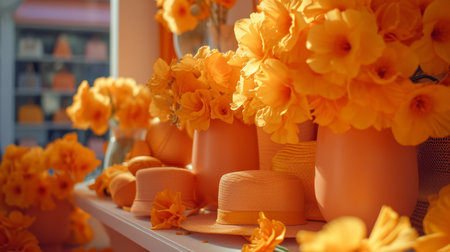 Spring design with hat and flowers. spring summer background with bright beautiful flowersの素材