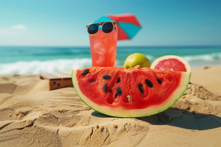 summer background. Watermelon cocktail on the beach in the sand against the background of the seaの素材