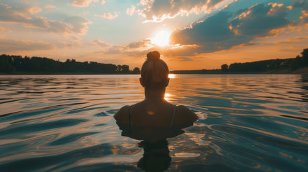 girl swims in the poolの素材