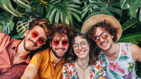 group of friends taking selfie with smartphone on summer vacation in tropicsの素材