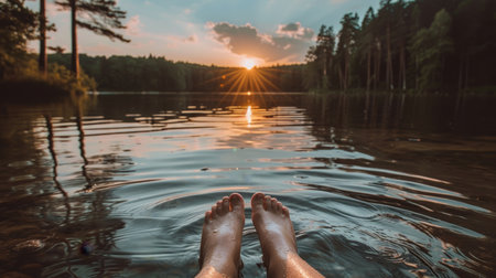 male legs against the background of the river and lakeの素材