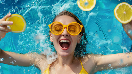 girl swims in the poolの素材