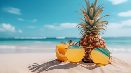 summer background. Pineapple on the beach in the sand against the background of the seaの素材