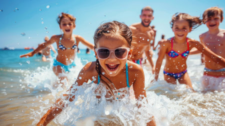 little cheerful girl rests on a summer day at the sea. summer vacation fun sea ocean beachの素材
