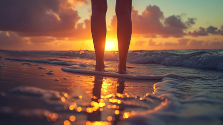 Woman surfer on the beach at sunset. Closeup of female legs on surfboardの素材