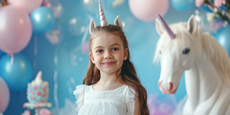 little girl's birthday. Girl child in a mask and unicorn costume on a background of balloons and giftsの素材