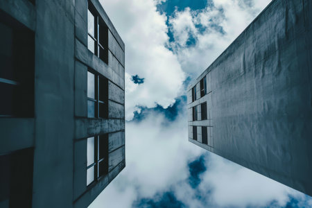 Low angle view of modern office building against blue sky with clouds.の素材