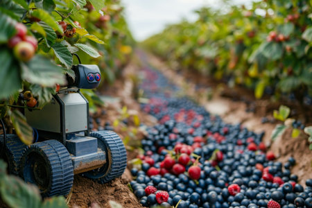 Robot farmer monitors and harvests fruits. illustration future concept of replacing people with robotsの素材