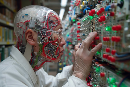 man people cyber robot worker profession engineerの素材