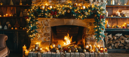 Christmas Interior of festive living room with fireplace. Christmas socks with gifts on fireplace in living room. Festive New Year magic backgroundの素材