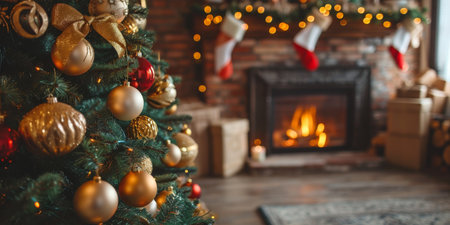 Christmas Interior of festive living room with fireplace. Christmas socks with gifts on fireplace in living room. Festive New Year magic backgroundの素材