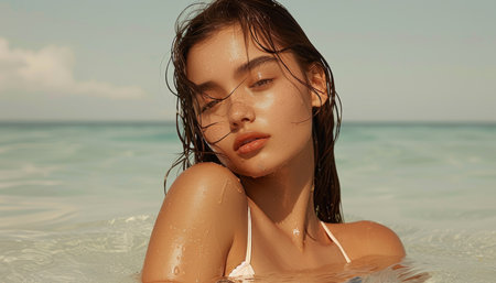 Beautiful Girl relax on summer day at the sea beach with white sand. summer vacation fun sea beachの素材