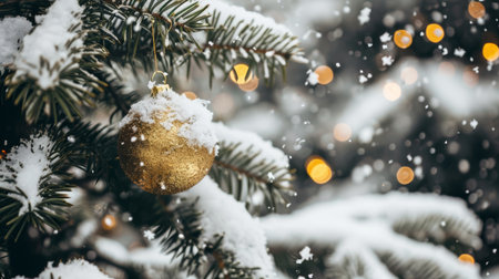 Merry Christmas and Happy New Year. Festive bright beautiful background. Decorated Christmas tree on blurred background. de-focused lights, gold bokehの素材