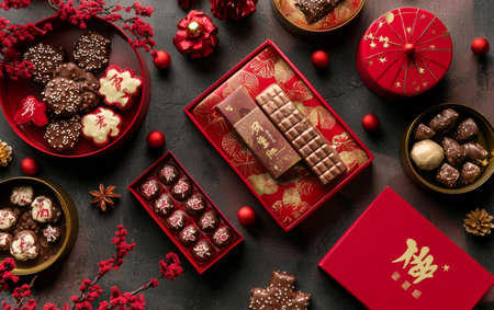 Table laden with assorted chocolates, elegant decorations, and delicate confections, perfect for celebrations.の素材