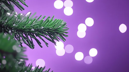 Close-up Christmas tree adorned with lights, glowing festive backgroundの素材