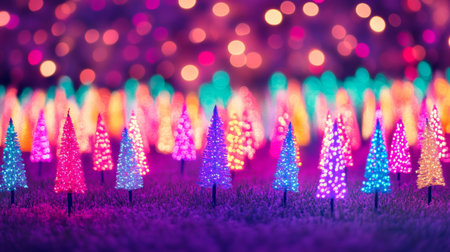 Festive Christmas trees decorated with colorful lights, holiday cheer.の素材