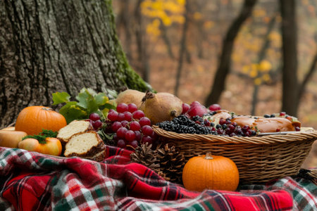 Picnic basket with fresh fruit, bread on cozy checkered blanket.の素材