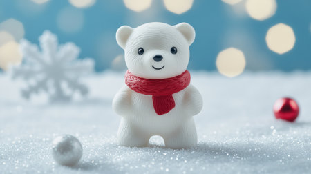White teddy bear in red scarf sitting on wooden floor, cozy winter theme, soft plush texture, holiday warmth.の素材
