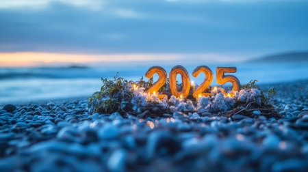 Candle on sandy beach with number twenty, soft glow at sunset, celebrating milestone or birthday, serene coastal setting.の素材