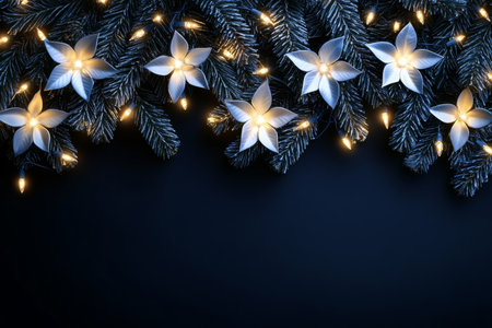 Snow-frosted fir branches with illuminated white poinsettias and twinkling lights on a dark background. Perfect for elegant Christmas decorations.の素材