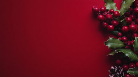 Red background featuring holly leaves and berries, conveying festive holiday spirit and seasonal charm.の素材