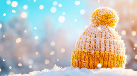 Knitted hat resting on snow, showing warm texture and cozy feel, contrasting with cold white surface.の素材