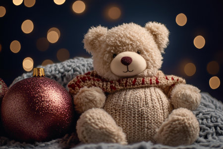 Teddy bear sitting beside Christmas ornament, cozy setting with festive decorations and warm lighting.の素材