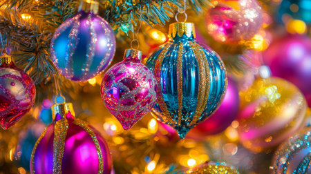 Vibrant ornaments adorn a Christmas tree in a well-lit room, creating a festive holiday atmosphere.の素材