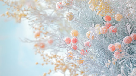A frosty plant adorned with vibrant orange and yellow flowers, showing natures resilience in a chilly setting.の素材