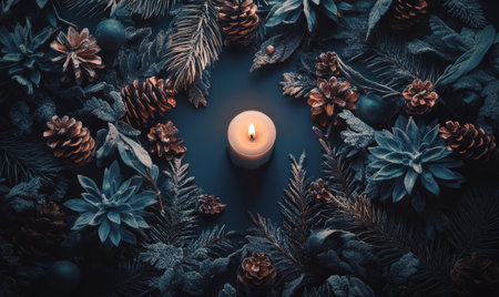 A cozy candle nestled among pine cones and evergreen leaves, evoking a warm, festive ambiance.の素材