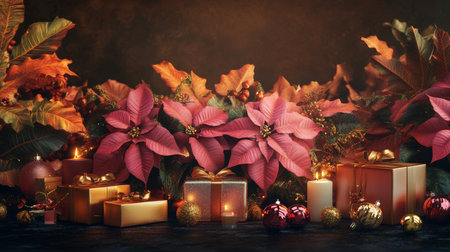 Festive candles and vibrant poinsettias adorn a holiday table, creating a warm and inviting Christmas ambiance.の素材