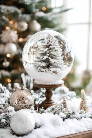 A close-up of a snow globe featuring a miniature tree, surrounded by swirling snowflakes, evoking a cozy winter holiday mood.の素材