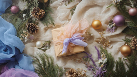 A beautifully wrapped gift with a pink ribbon sits elegantly on a table, ready to surprise and delight.の素材