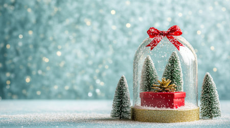 A festive snow globe with a gift beneath, surrounded by miniature trees, capturing a cozy holiday scene.の素材