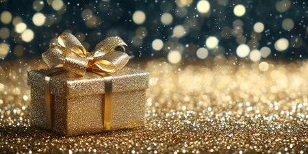 A shimmering gold gift box with a satin bow, set against a sparkling glitter backdrop, exuding elegance and festivity.の素材