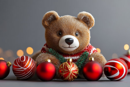 A cozy teddy bear nestled among festive Christmas ornaments on a table, evoking holiday warmth and cheer.の素材