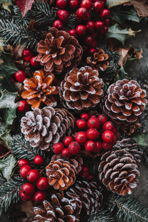 Christmas wreath adorned with pine cones, red berries, green foliage.の素材