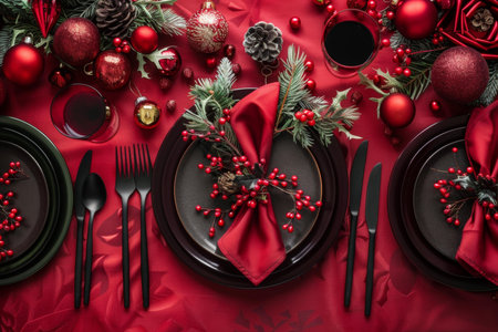 Festive Christmas dinner table adorned with red decorations, candles, and elegant tableware.の素材