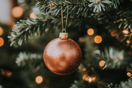 A decorated Christmas tree with a single red ornament hanging among green branches and twinkling lights.の素材