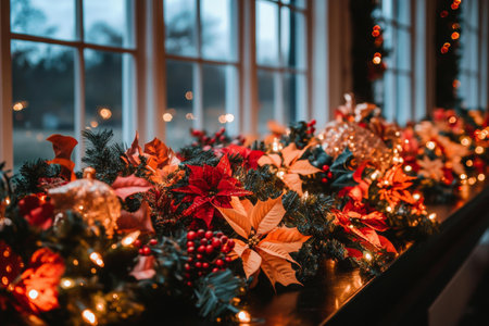 Festive Christmas garland adorned with poinsettias and twinkling lights on a mantelpiece.の素材