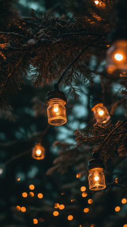 Twinkling Christmas lights elegantly draped over a lush evergreen tree at night.の素材