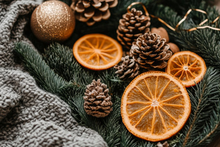 Close-up of a Christmas tree adorned with dried orange slices and festive greenery.の素材
