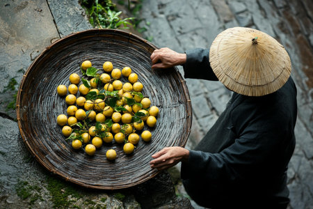 A person holding a wicker basket filled with fresh yellow lemons against a soft-focus outdoor background.の素材