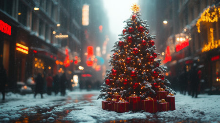 A decorated Christmas tree stands in the center of a snow-covered street lined with festive lights.の素材