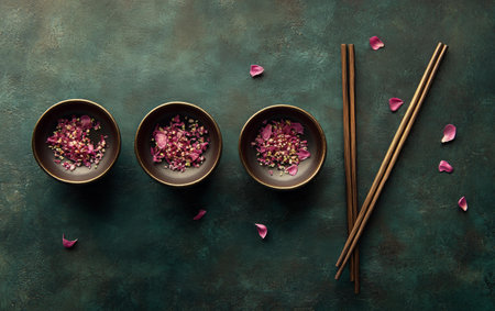 Three ceramic bowls with pink flower designs and chopsticks on a vibrant green background.の素材