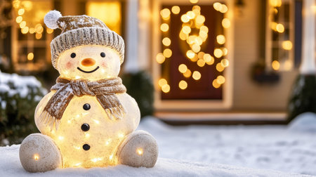 A cheerful snowman adorned with a carrot nose and scarf, surrounded by twinkling Christmas lights in the snow.の素材