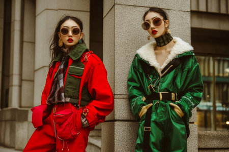 Women in red, green coats standing near building, urban setting, casual conversation, winter fashion.の素材