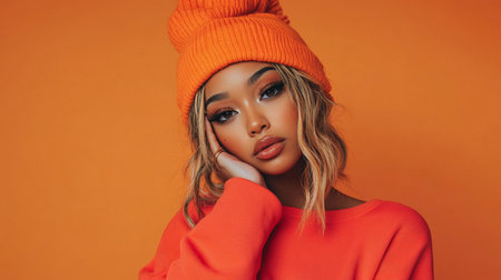 Woman in orange sweater and beanie hat, standing outdoors, casual autumn fashion, cozy and stylish look.の素材