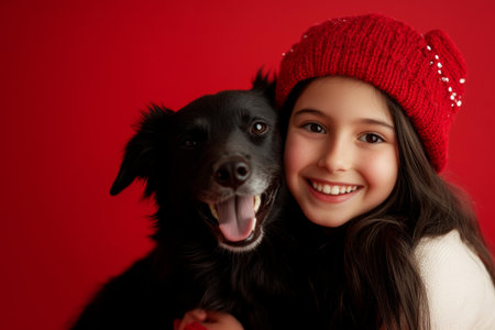 Young girl walking golden retriever on sunny day, surrounded by lush green park, enjoying outdoor adventure.の素材